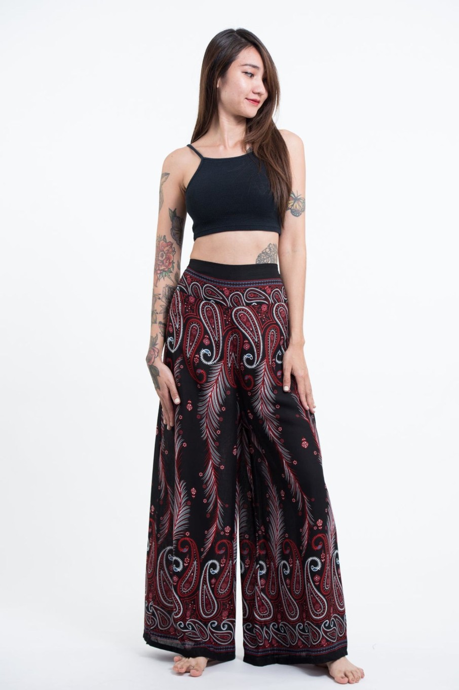 Women HaremPants | Paisley Feathers Palazzo Style Harem Pants In Black