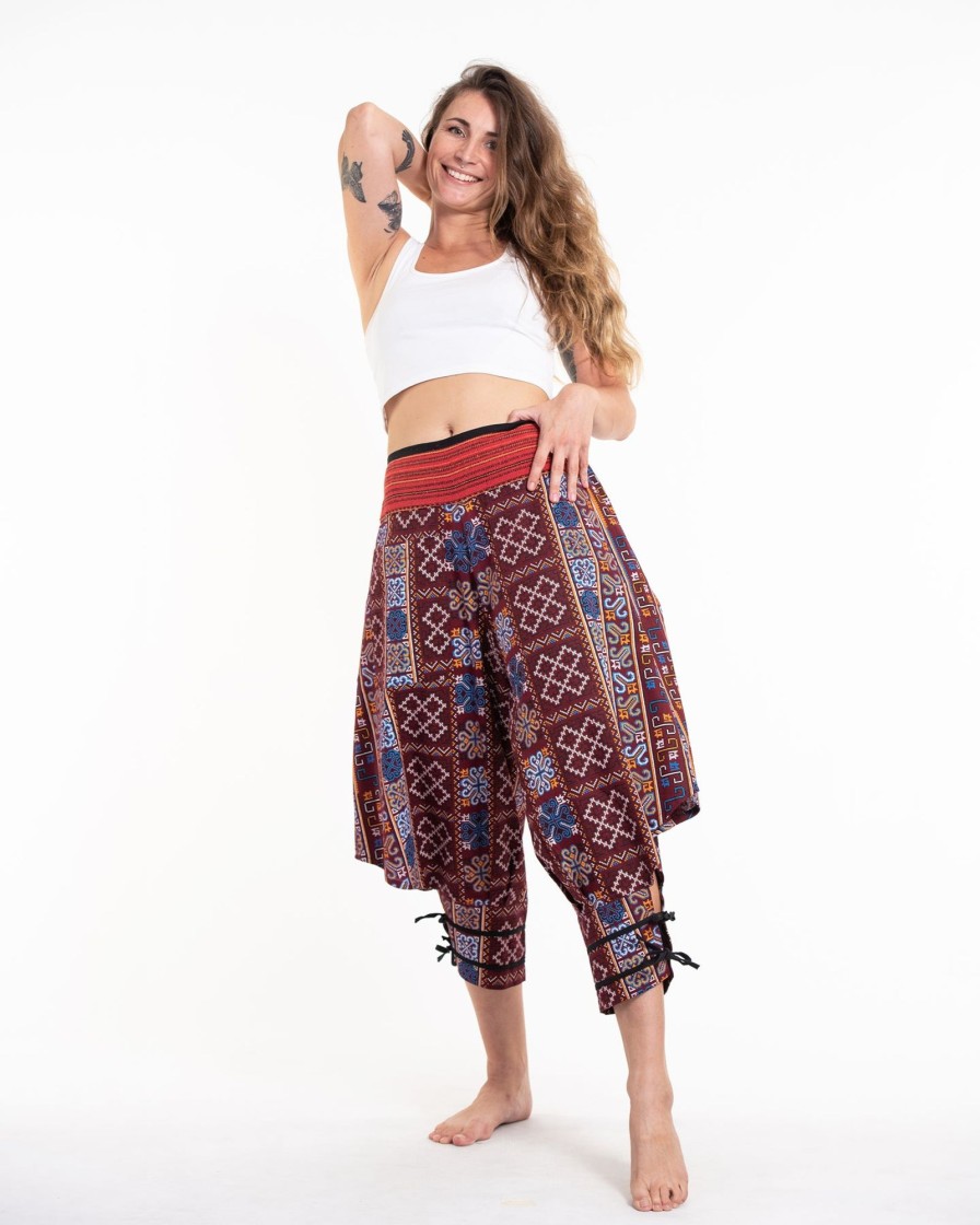 Women HaremPants | Clovers Thai Hill Tribe Fabric Women'S Harem Pants With Ankle Straps In Burgundy