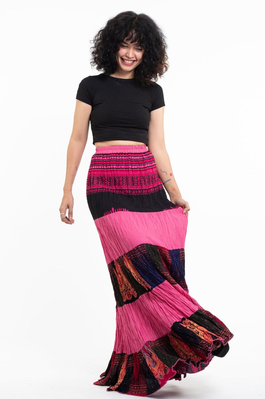 Women HaremPants | Patchwork Long Skirt In Bright Pink