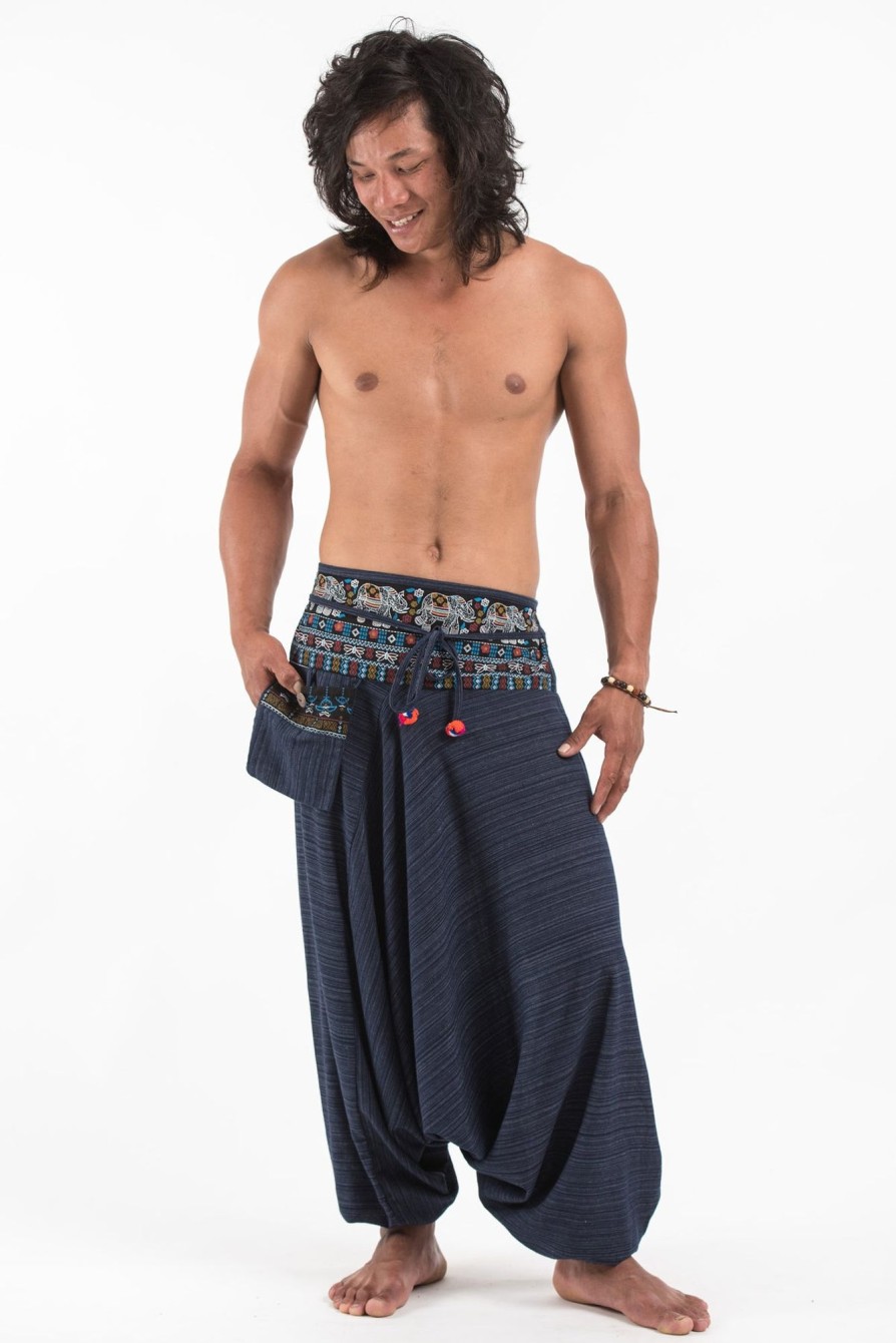 Men HaremPants | Pinstripe Cotton Low Cut Men'S Harem Pants With Elephant Trim In Navy