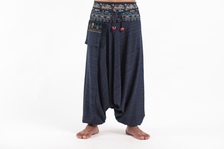 Men HaremPants | Pinstripe Cotton Low Cut Men'S Harem Pants With Elephant Trim In Navy