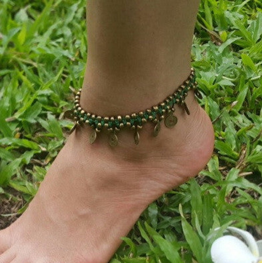 Accessories HaremPants | Hand Made Fair Trade Anklet Double Strand Brass Coins Green