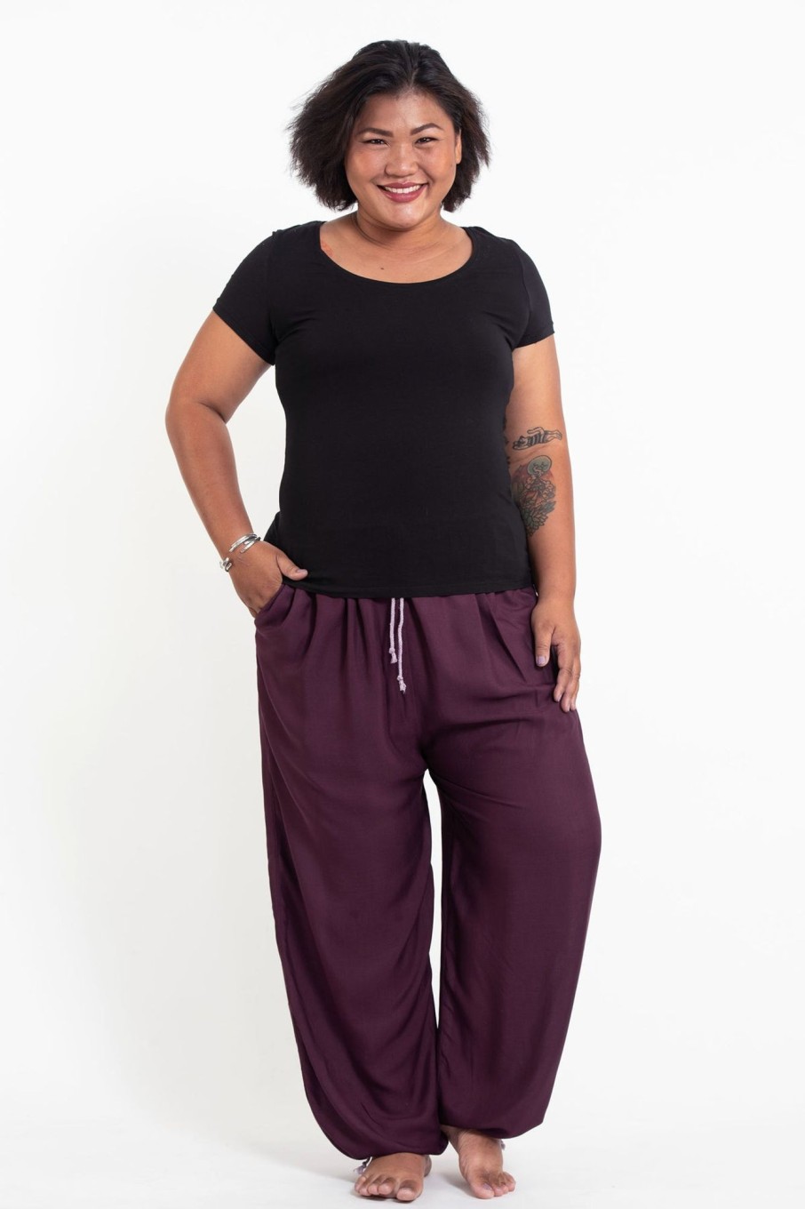 Plus Size HaremPants | Plus Size Solid Color Drawstring Women'S Yoga Massage Pants In Dark Purple