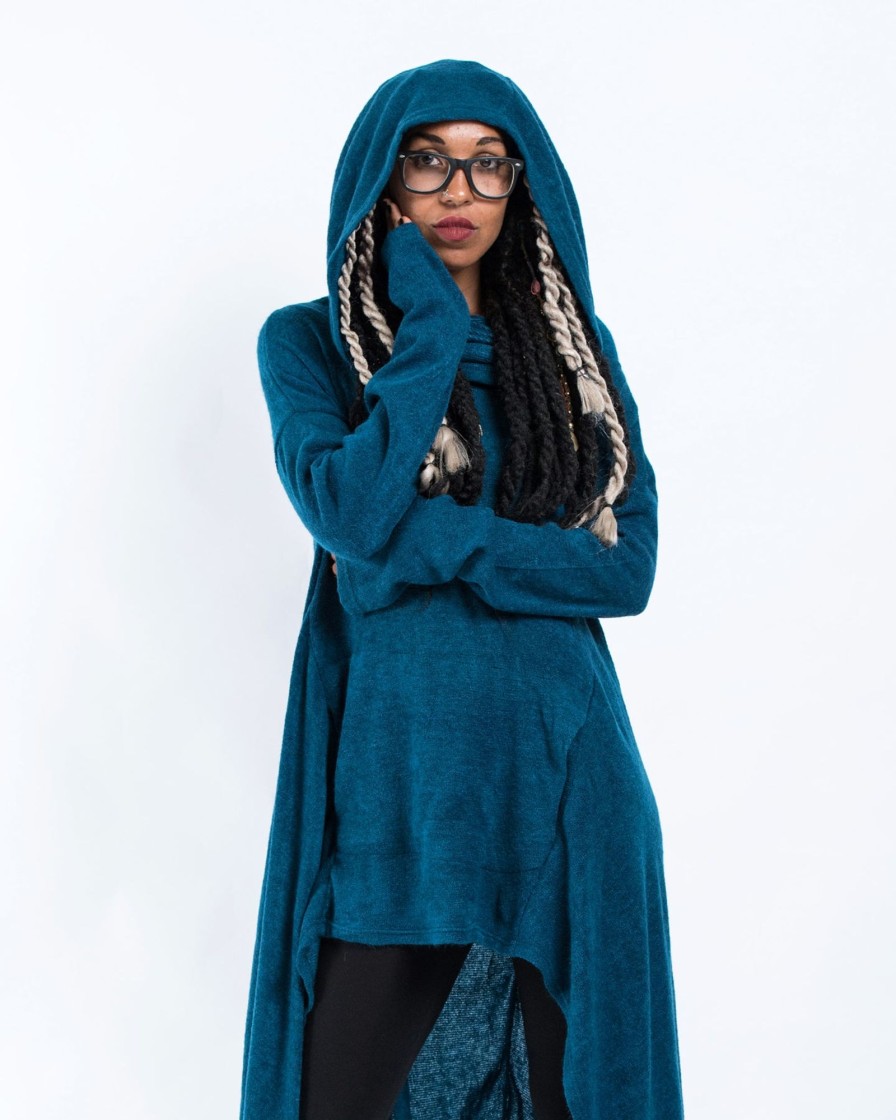 Women HaremPants | Ultra Long Hooded Sweater In Blue