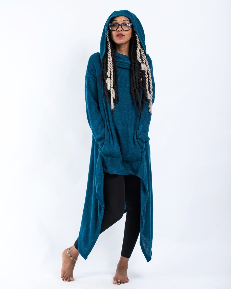 Women HaremPants | Ultra Long Hooded Sweater In Blue