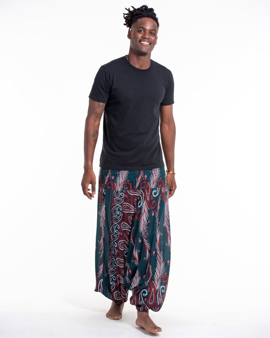 Men HaremPants | Paisley Feathers Drop Crotch Men'S Harem Pants In Green