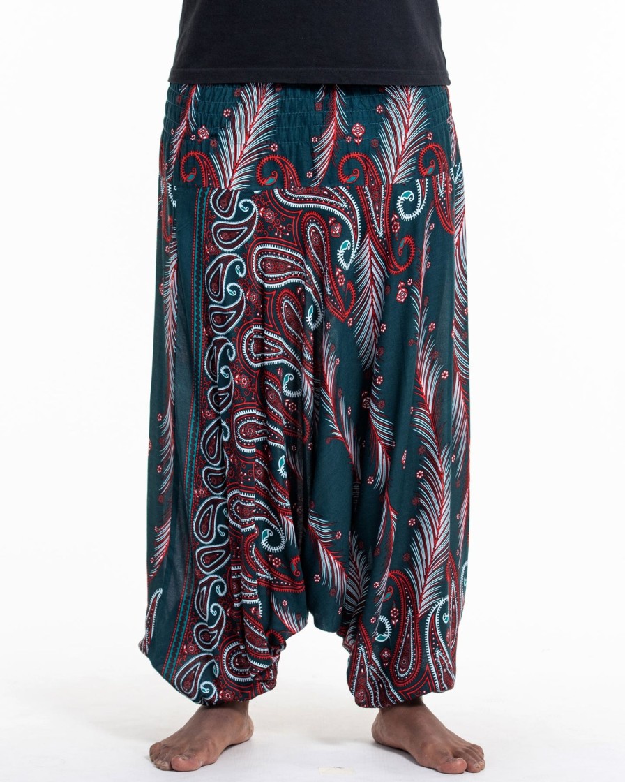 Men HaremPants | Paisley Feathers Drop Crotch Men'S Harem Pants In Green