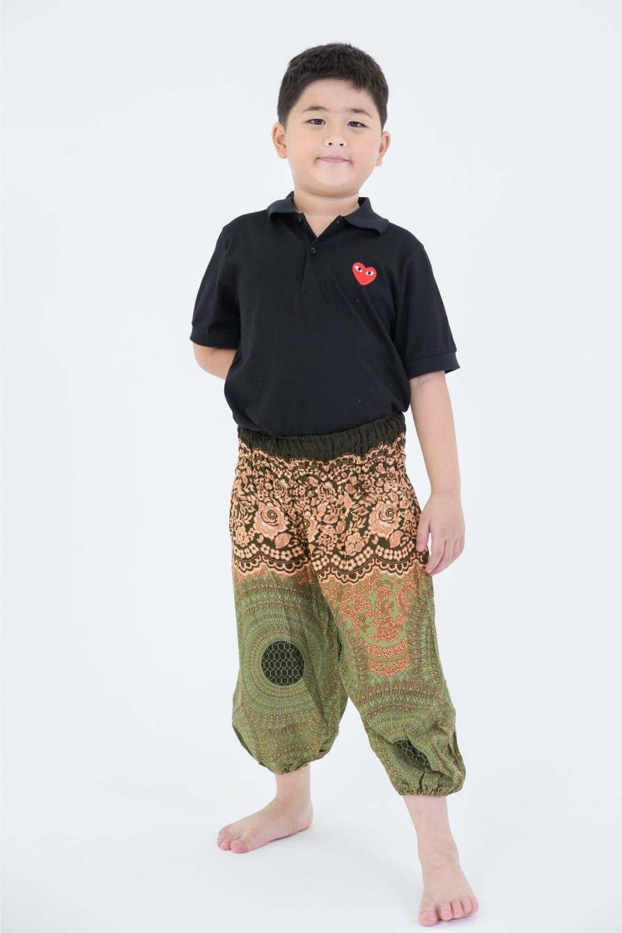 Kids HaremPants | Geometric Mandalas Kids Harem Pants In Olive