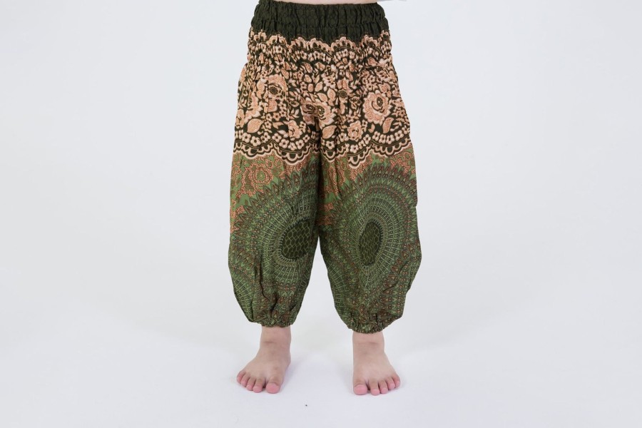 Kids HaremPants | Geometric Mandalas Kids Harem Pants In Olive