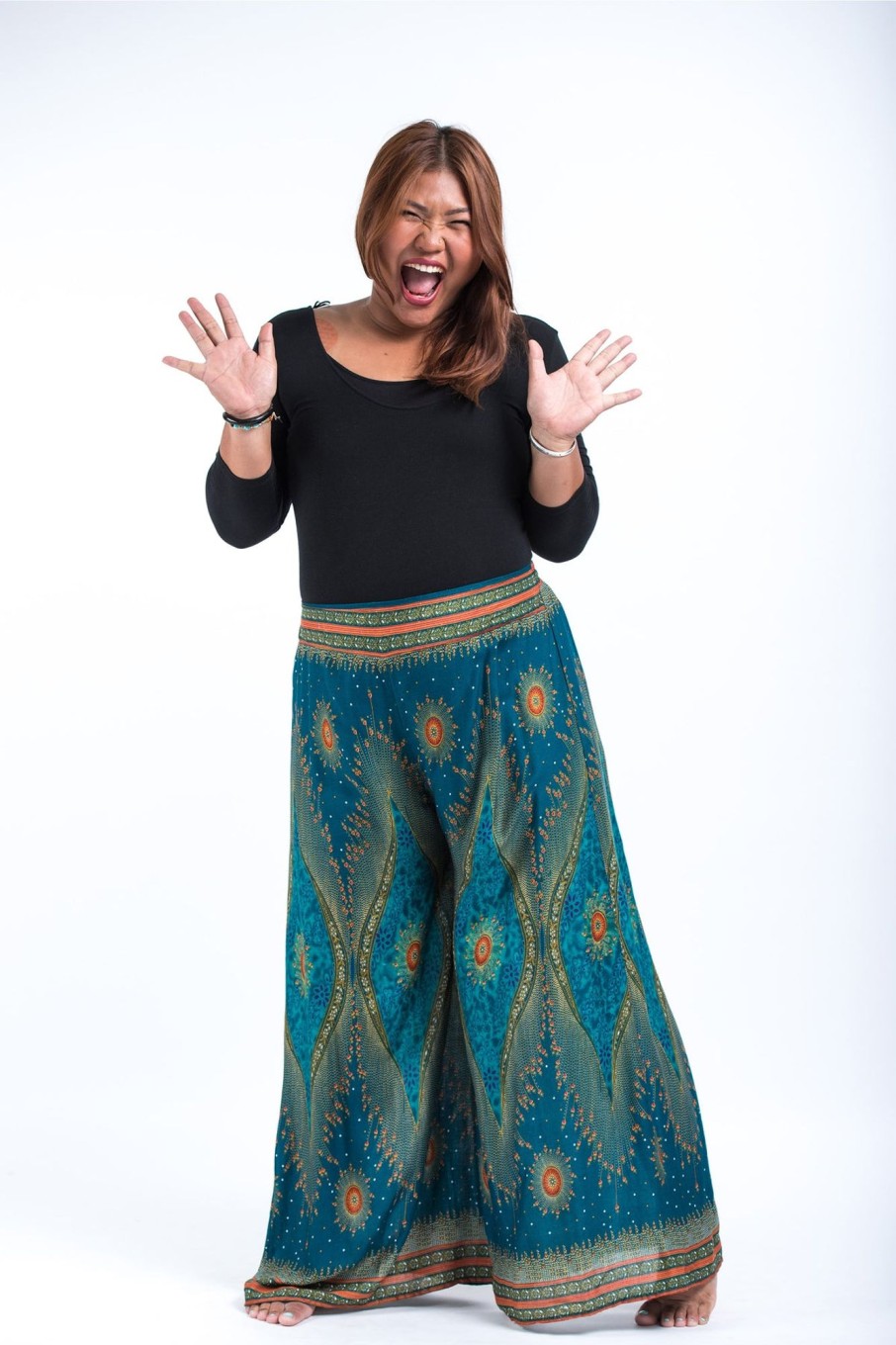 Plus Size HaremPants | Plus Size Peacock Eyes Palazzo Style Harem Pants In Turquoise