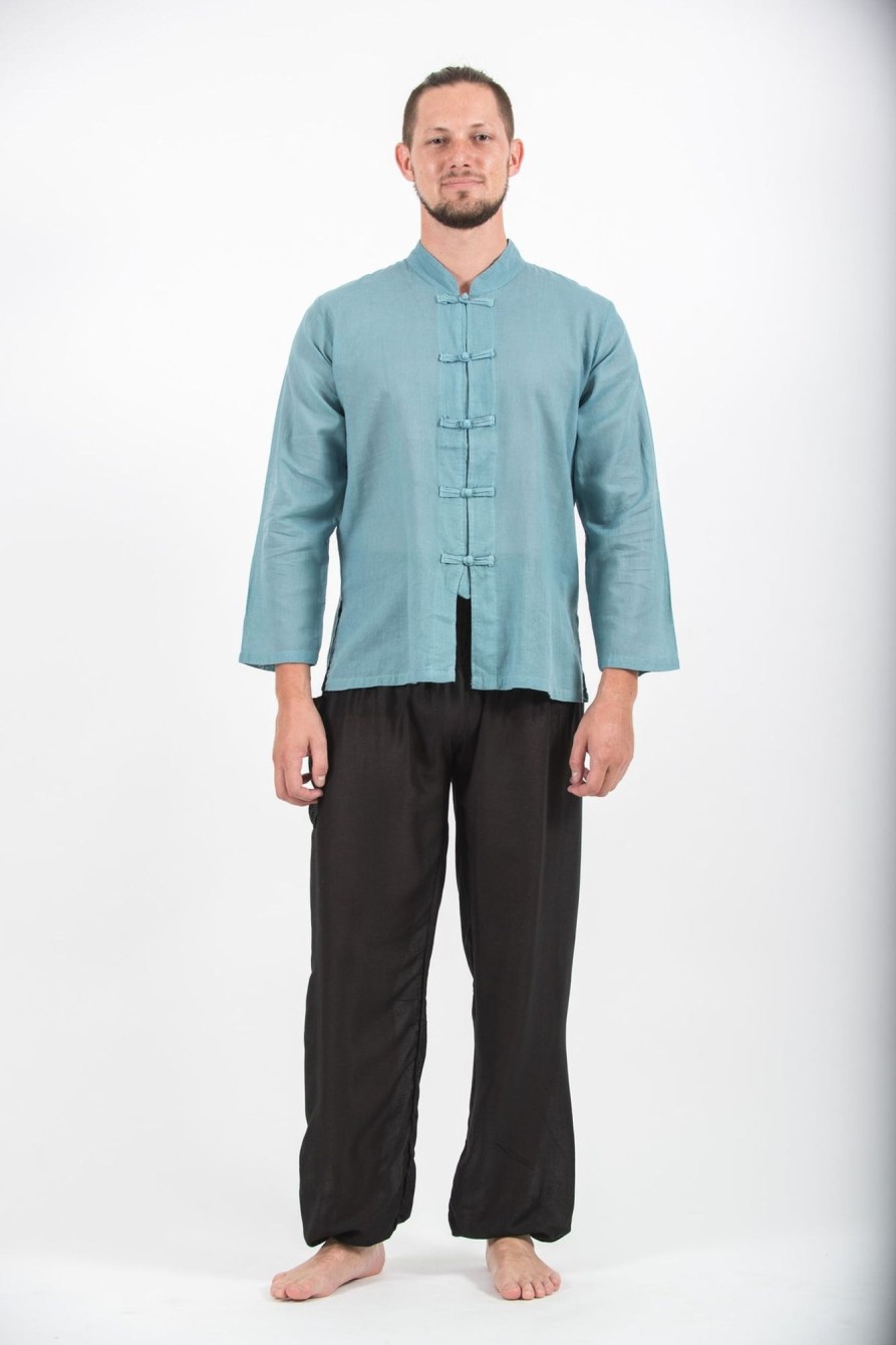 Men HaremPants | Mens Yoga Shirts Chinese Collared In Aqua