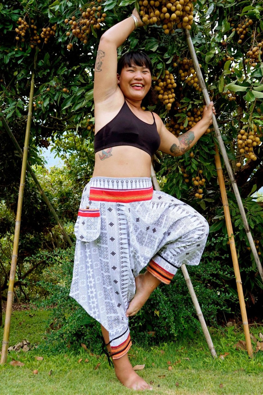 Plus Size HaremPants | Plus Size Traditional Prints Thai Hill Tribe Fabric Women'S Harem Pants With Ankle Straps In White