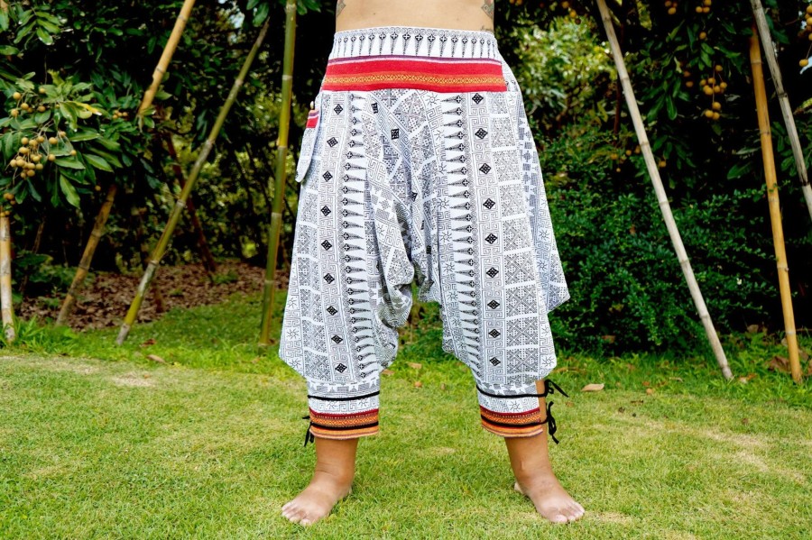 Plus Size HaremPants | Plus Size Traditional Prints Thai Hill Tribe Fabric Women'S Harem Pants With Ankle Straps In White