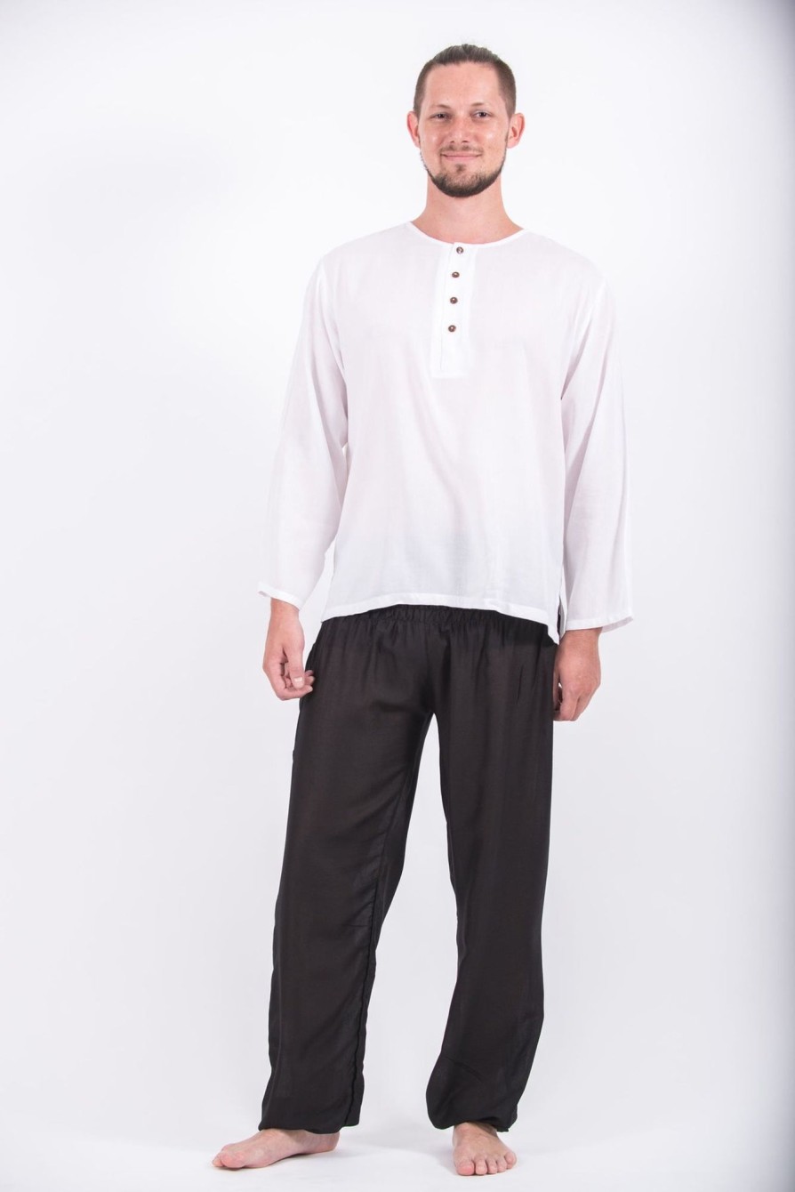 Men HaremPants | Mens Yoga Shirts No Collar With Coconut Buttons In White