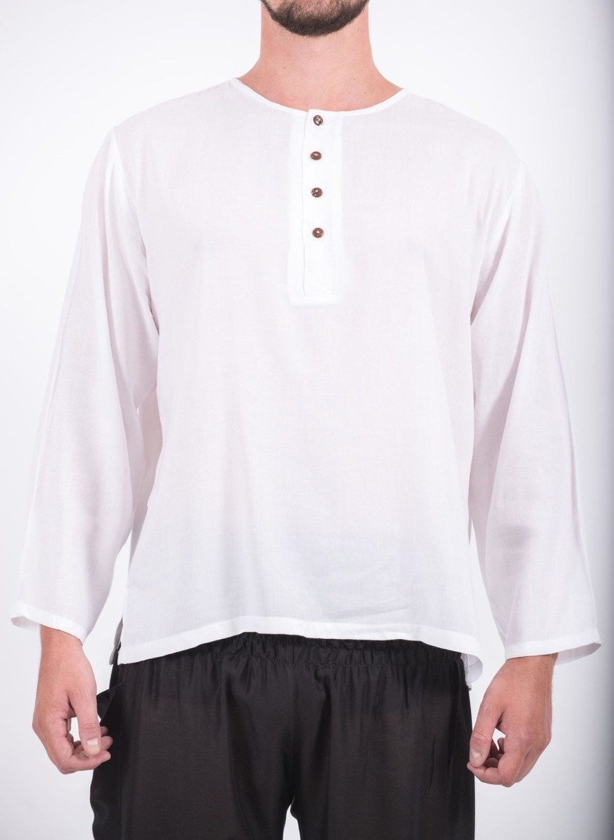 Men HaremPants | Mens Yoga Shirts No Collar With Coconut Buttons In White