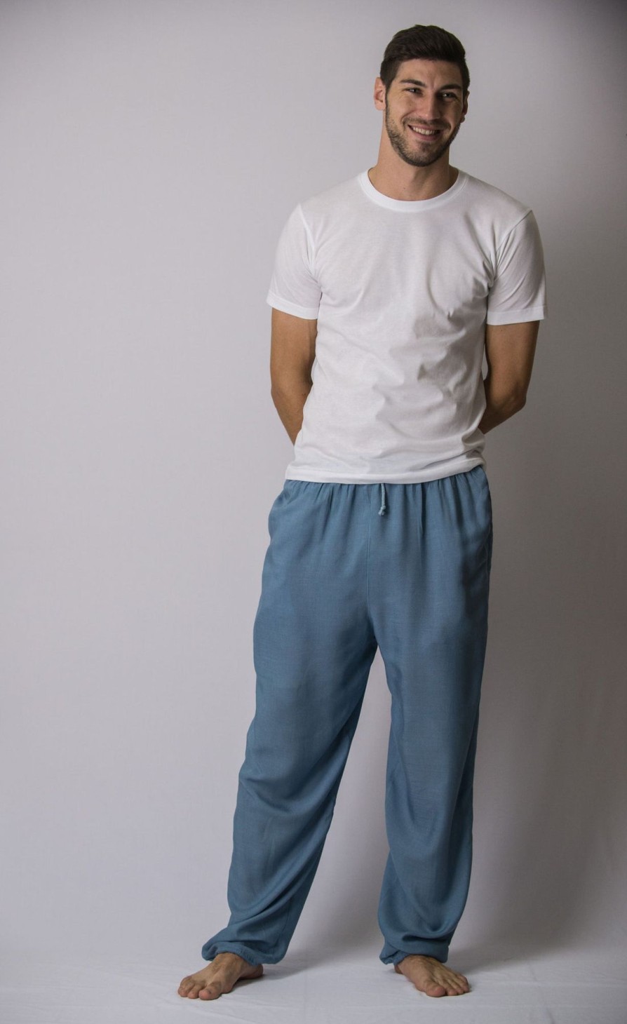 Men HaremPants | Solid Color Drawstring Men'S Yoga Massage Pants In Blue Gray