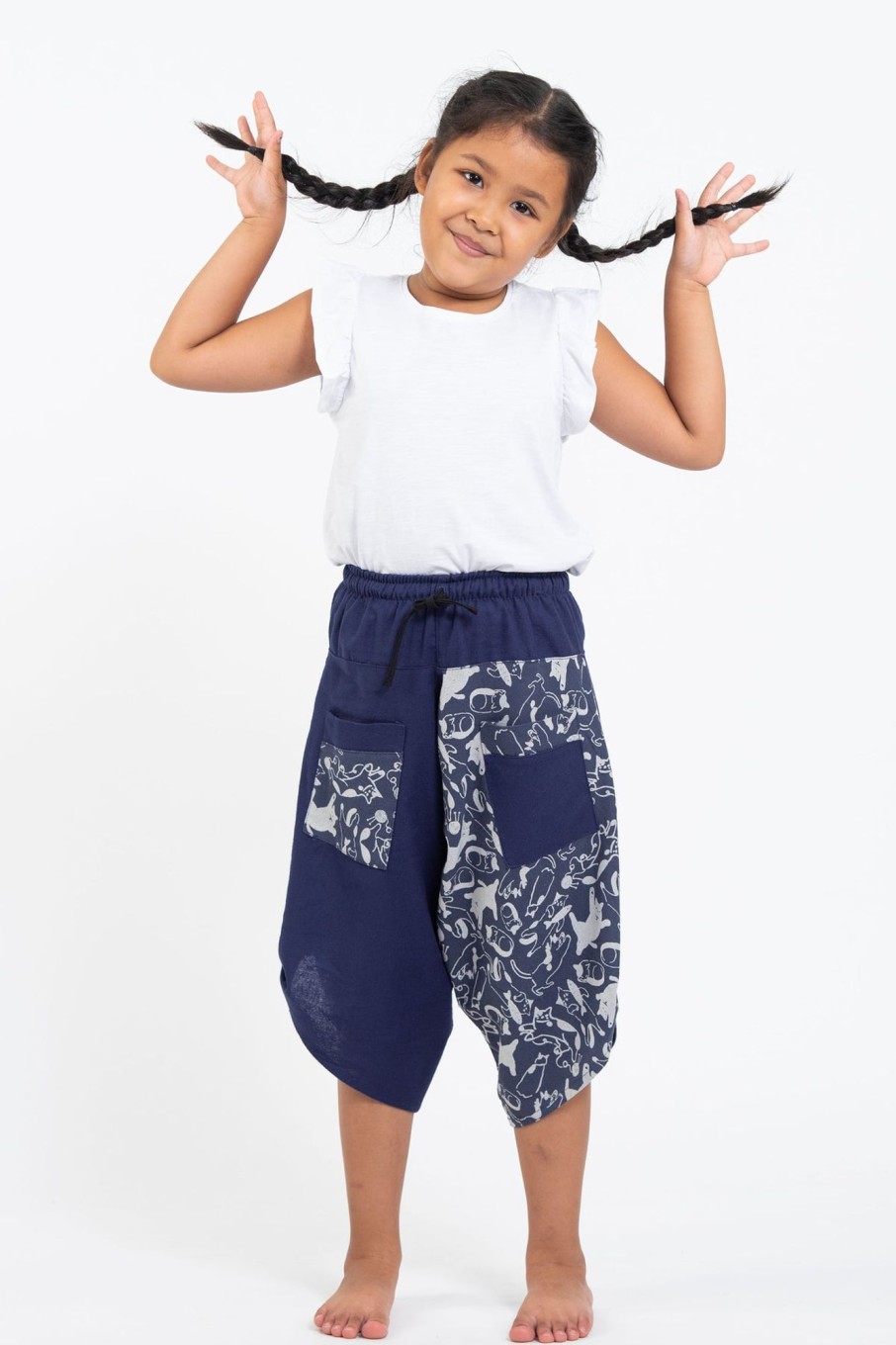 Kids HaremPants | Two Tone Cats Prints Kids Three Quarter Pants In Blue