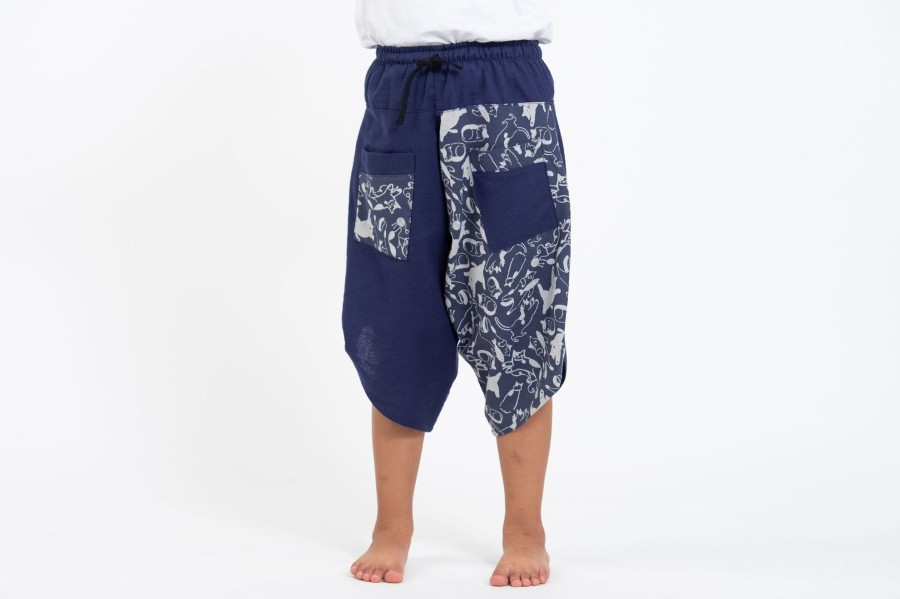 Kids HaremPants | Two Tone Cats Prints Kids Three Quarter Pants In Blue