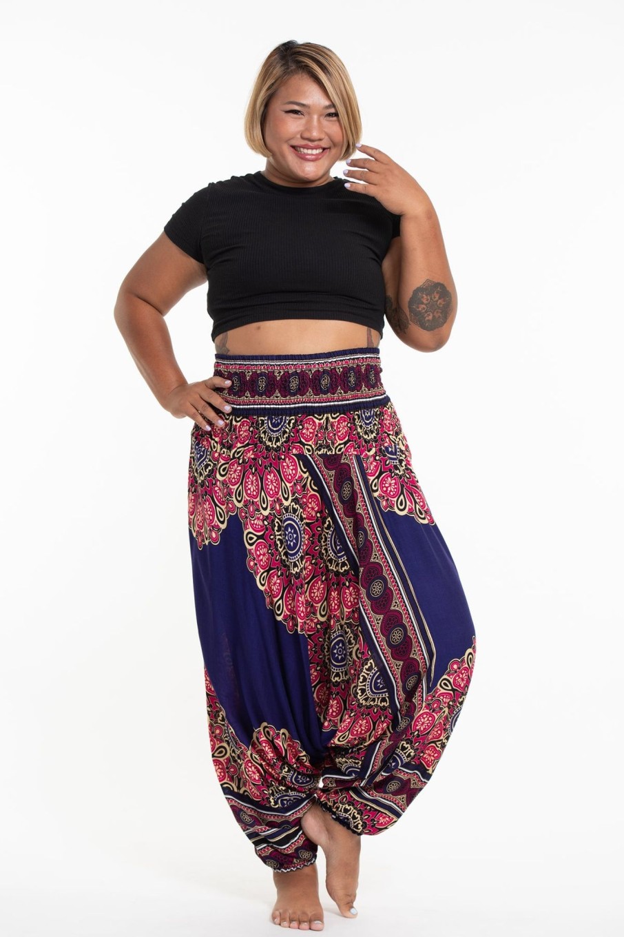 Women HaremPants | Plus Size Peony Mandalas 2-In-1 Jumpsuit Harem Pants In Indigo