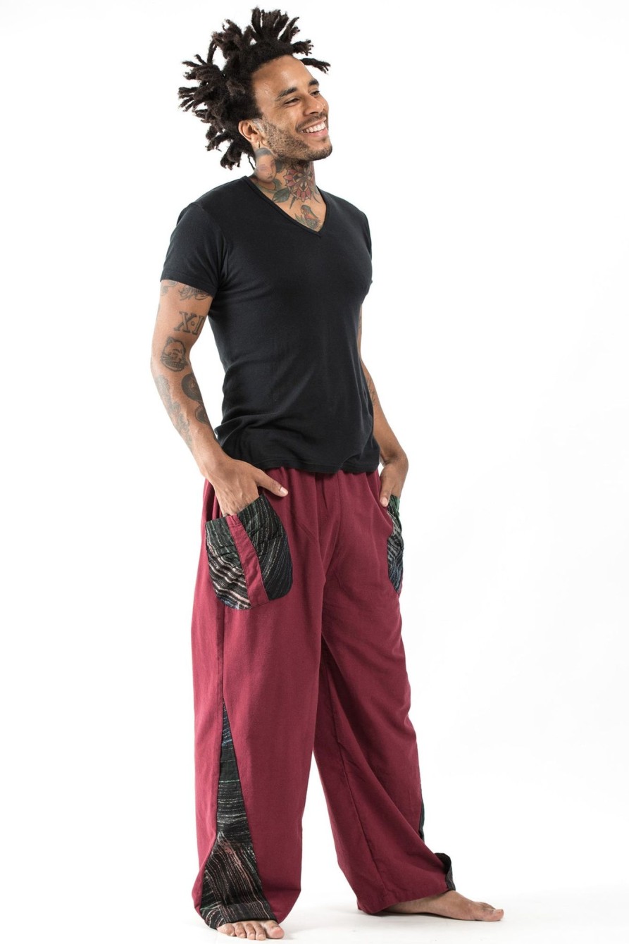 Men HaremPants | Thai Cotton Men'S Pants With Hill Tribe Trim In Red