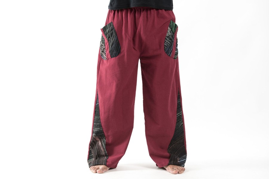 Men HaremPants | Thai Cotton Men'S Pants With Hill Tribe Trim In Red