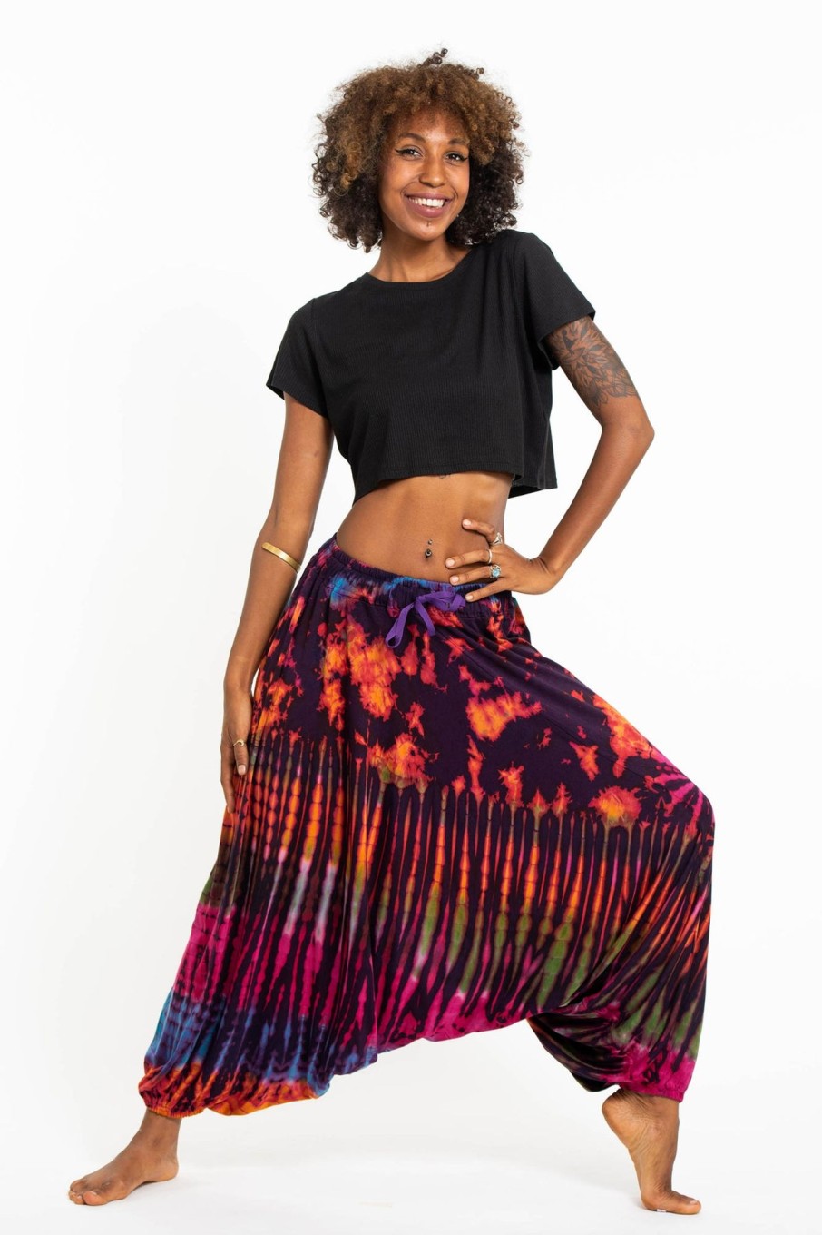 Women HaremPants | Tie Dye Women'S Spandex Cotton Low Cut Harem Pants In Purple