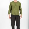 Men HaremPants | Mens Yoga Shirts No Collar With Coconut Buttons In Olive