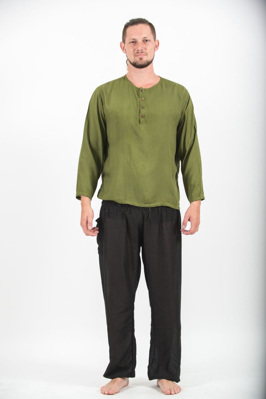 Men HaremPants | Mens Yoga Shirts No Collar With Coconut Buttons In Olive