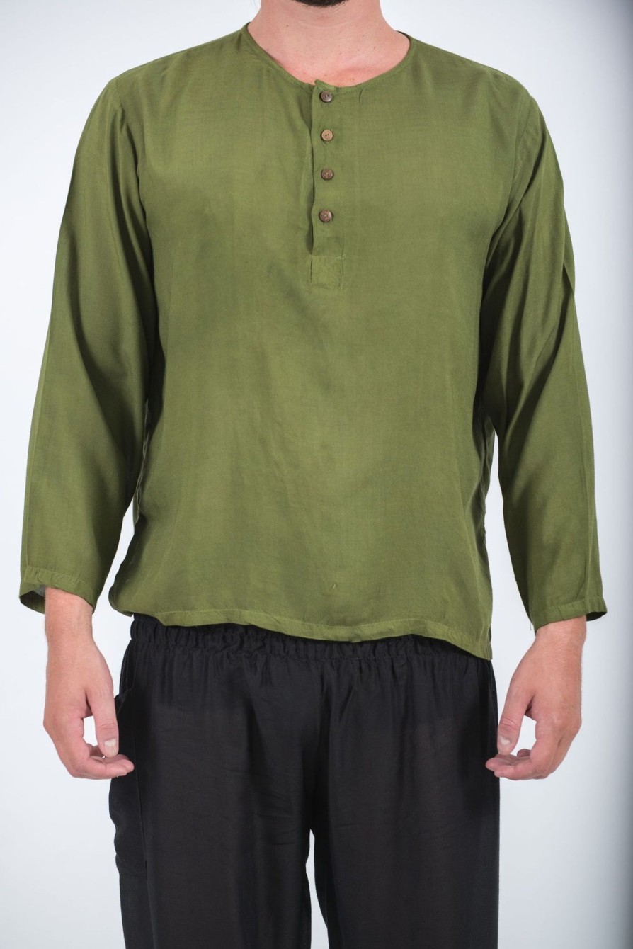 Men HaremPants | Mens Yoga Shirts No Collar With Coconut Buttons In Olive