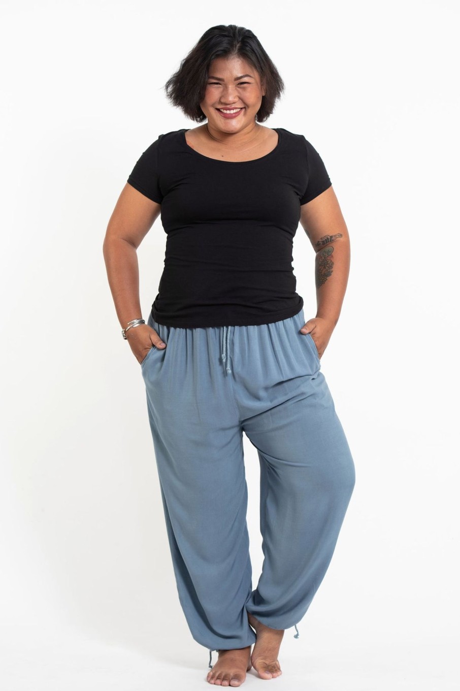 Women HaremPants | Plus Size Solid Color Drawstring Women'S Yoga Massage Pants In Blue Gray