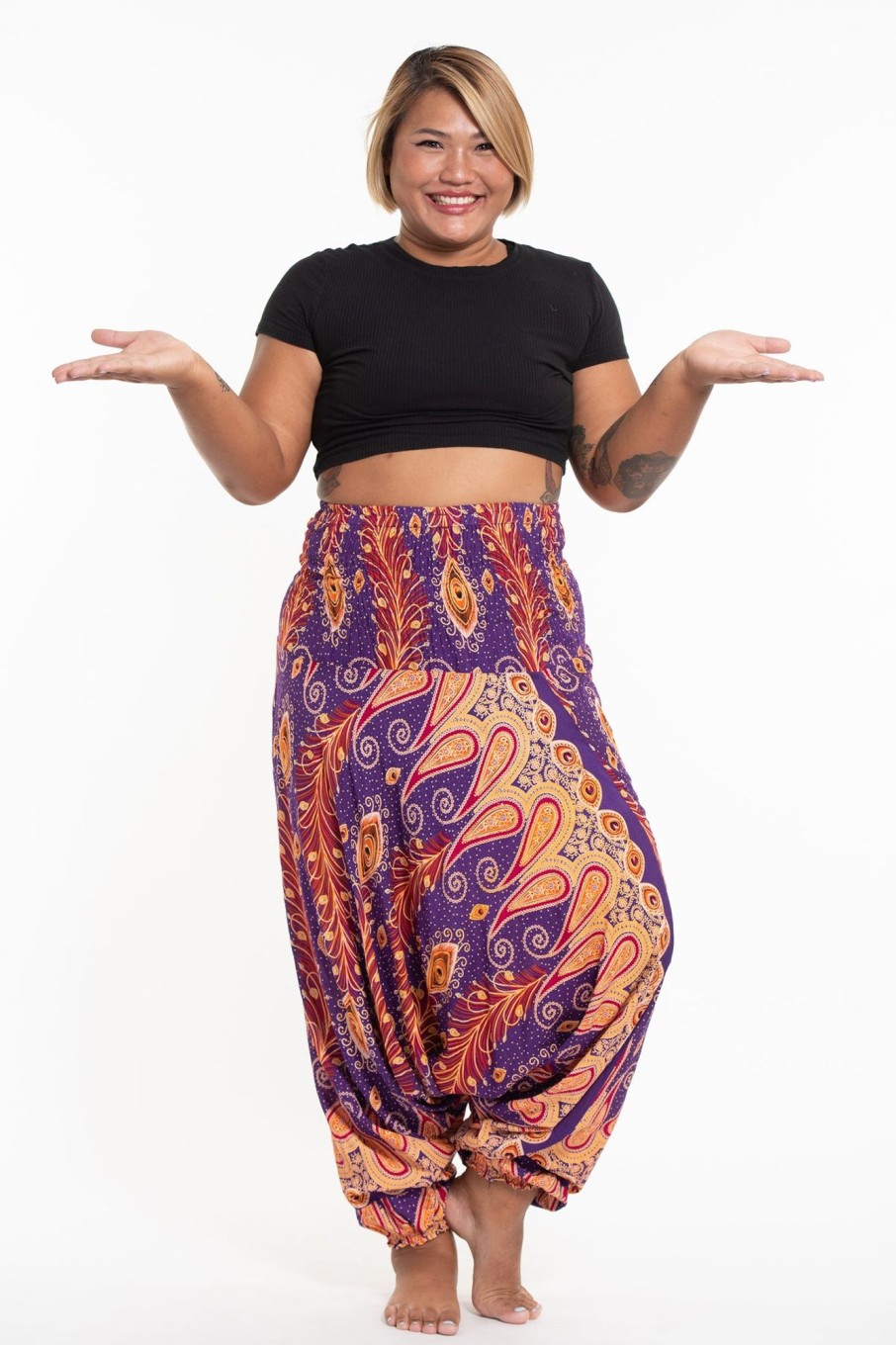 Plus Size HaremPants | Plus Size Peacock Paisley 2-In-1 Jumpsuit Harem Pants In Purple