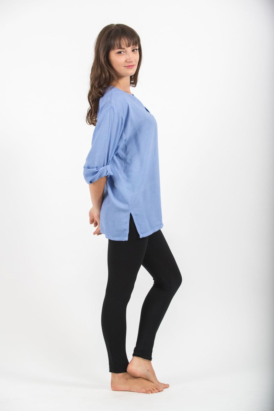 Women HaremPants | Womens Yoga Shirts No Collar With Coconut Buttons In Blue