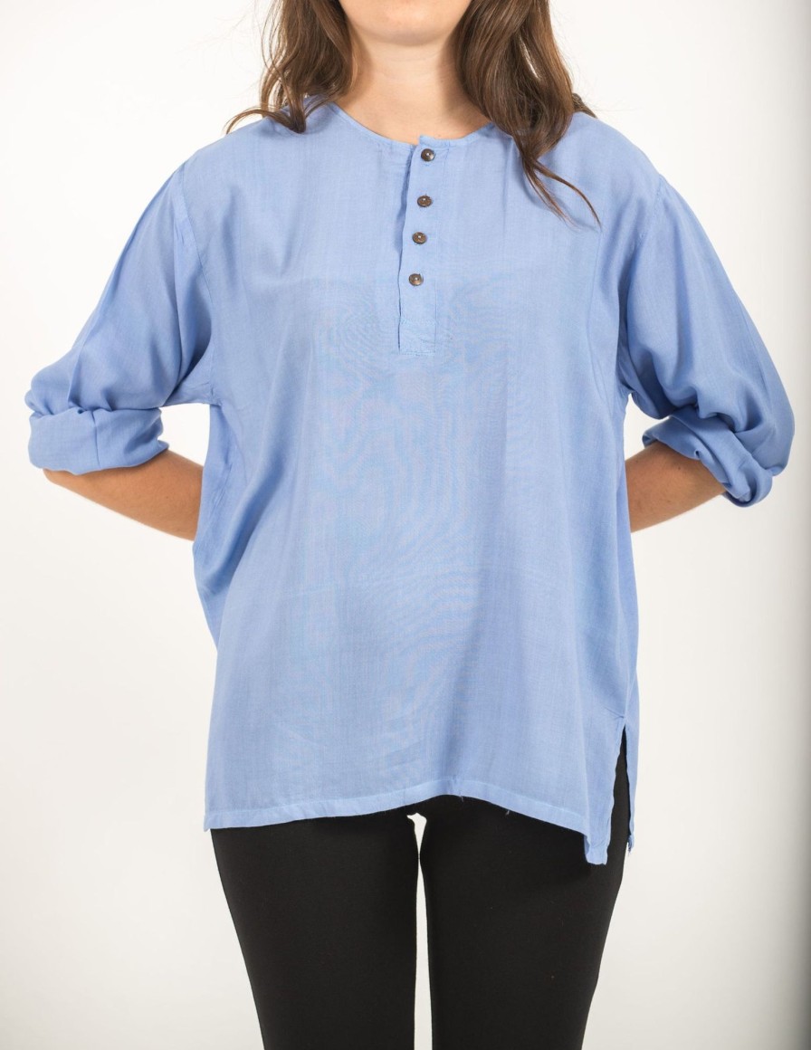 Women HaremPants | Womens Yoga Shirts No Collar With Coconut Buttons In Blue