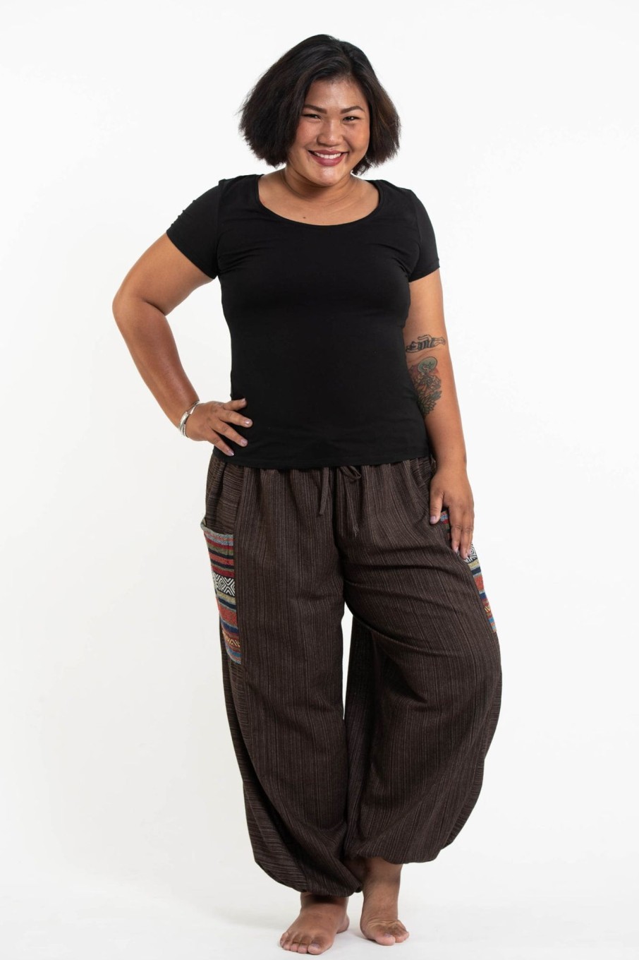 Plus Size HaremPants | Plus Size Women'S Drawstring Pinstripes Cotton Pants With Aztec Pocket In Brown