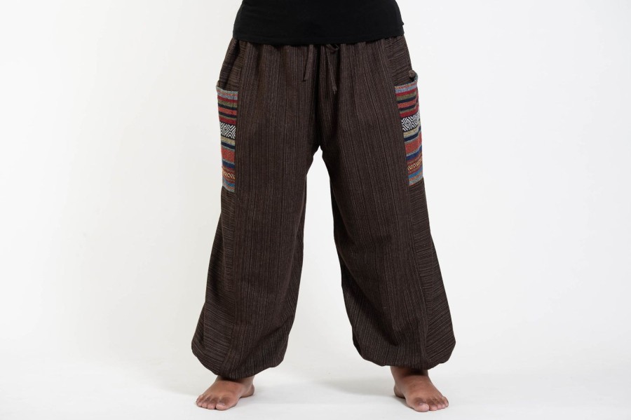 Plus Size HaremPants | Plus Size Women'S Drawstring Pinstripes Cotton Pants With Aztec Pocket In Brown