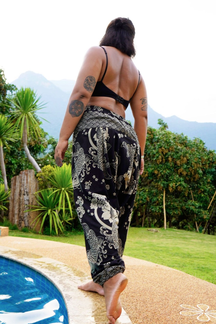 Plus Size HaremPants | Plus Size Hill Tribe Koi Fish Print Women'S Harem Pants In Black