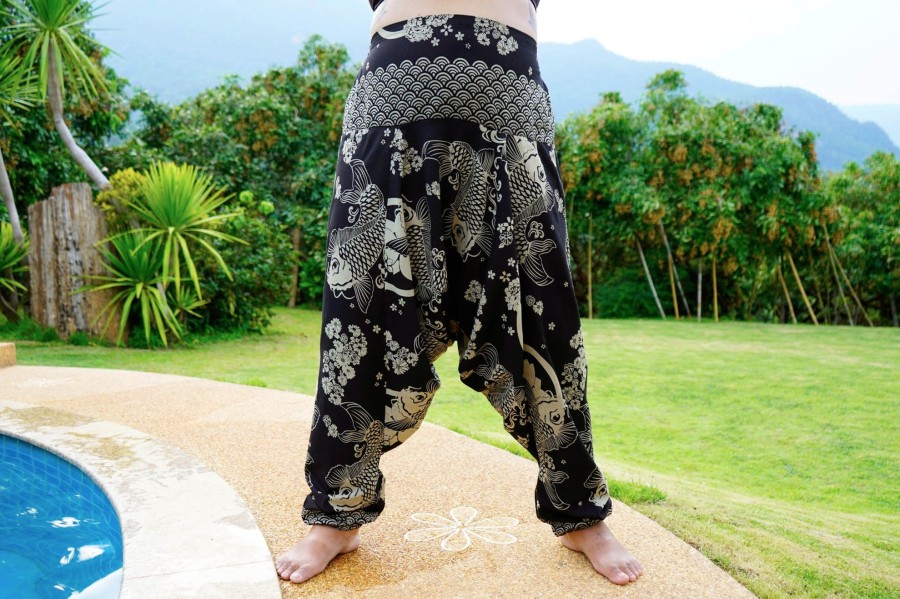 Plus Size HaremPants | Plus Size Hill Tribe Koi Fish Print Women'S Harem Pants In Black