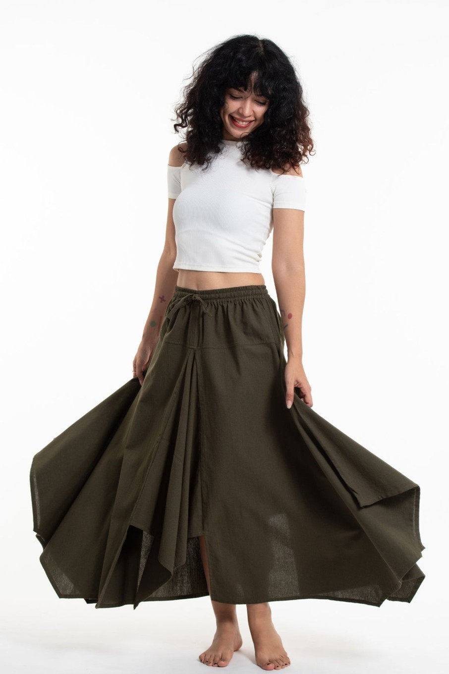 Women HaremPants | Solid Color Cotton Handkerchief Midi Skirt In Olive