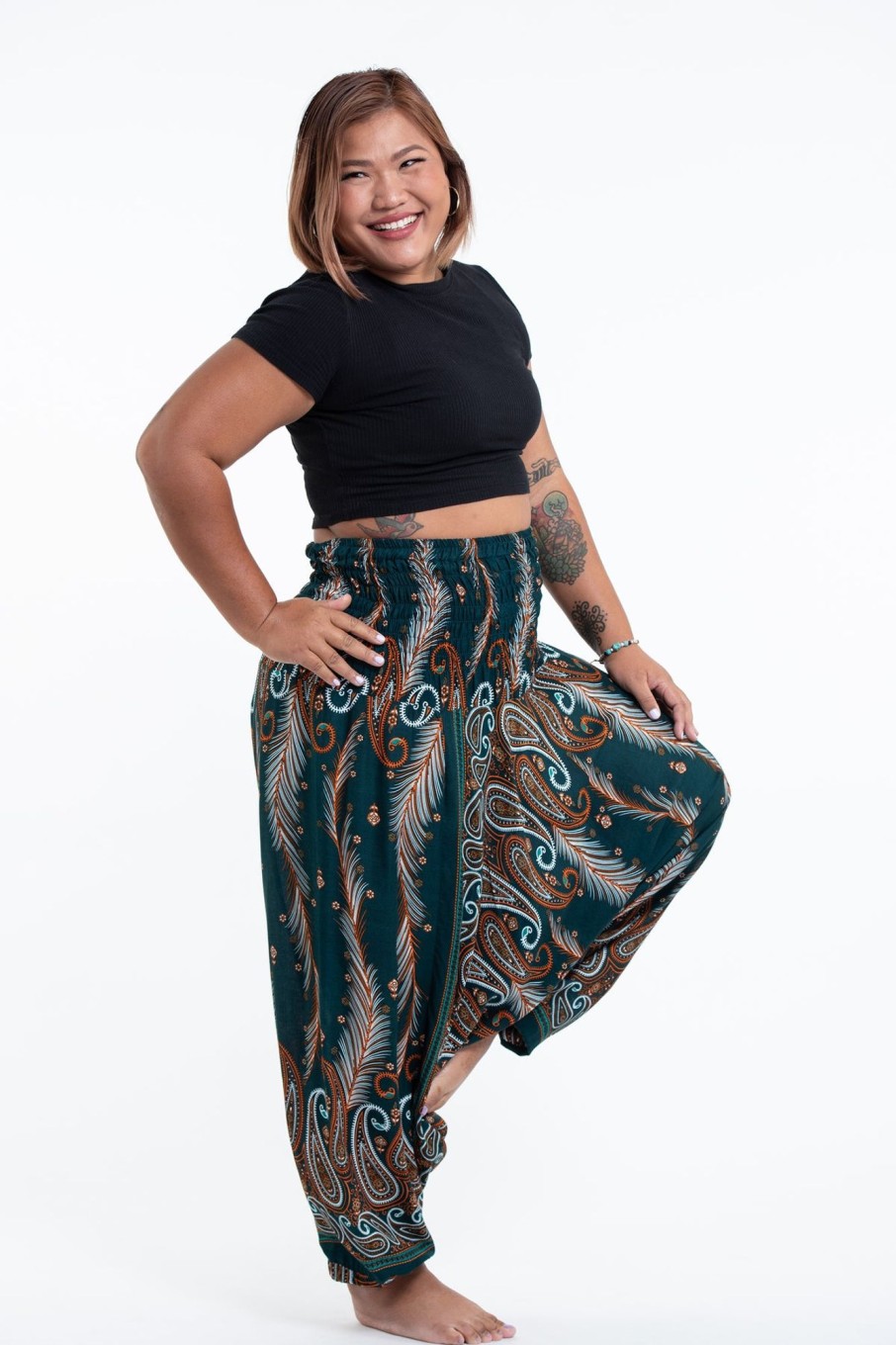 Women HaremPants | Plus Size Paisley Feathers 2-In-1 Jumpsuit Harem Pants In Green