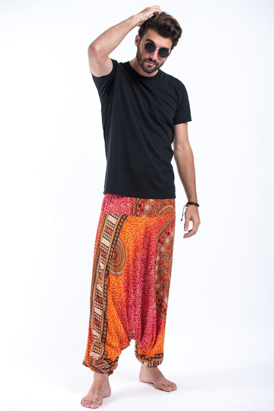 Men HaremPants | Tribal Chakras Drop Crotch Men'S Harem Pants In Orange