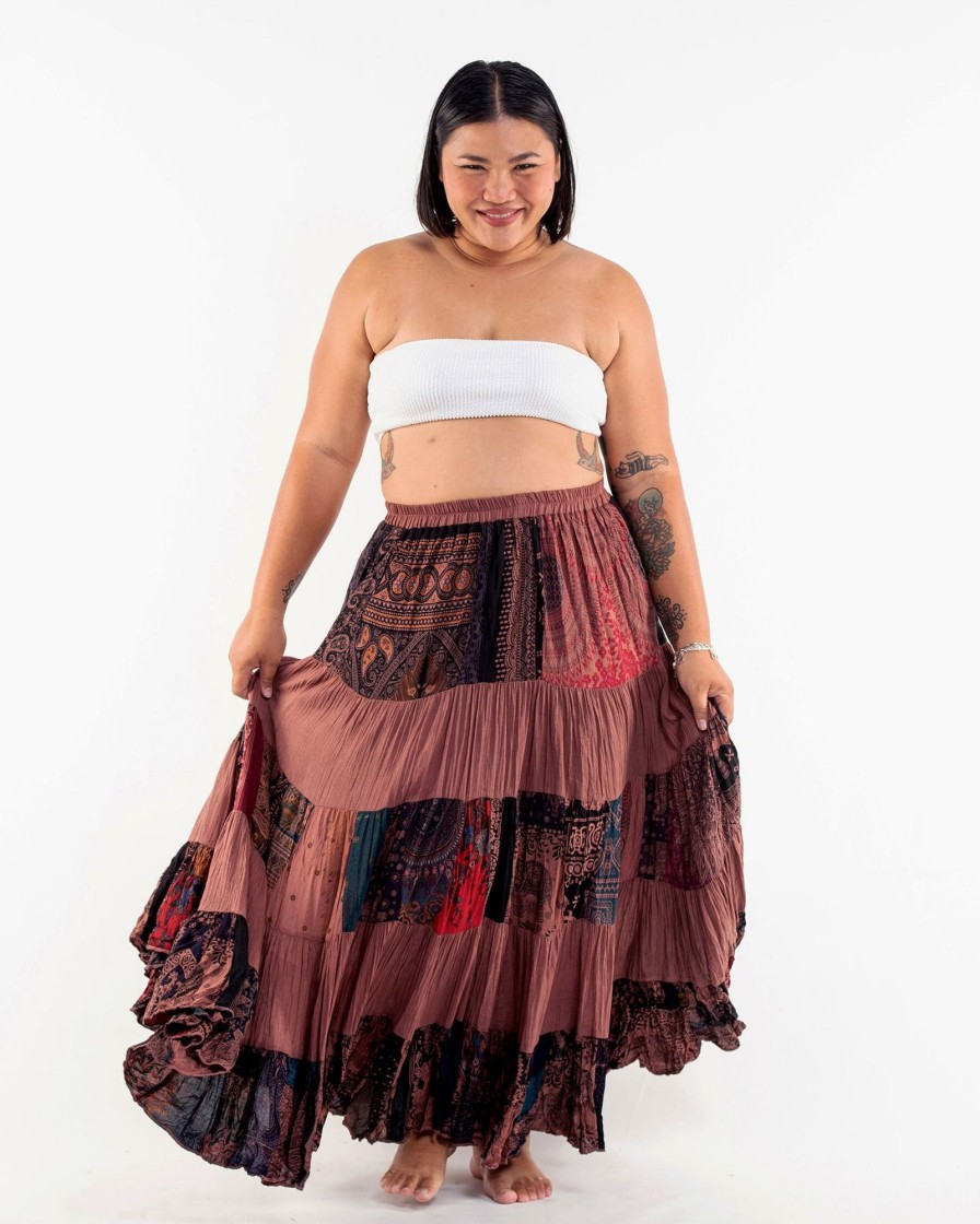 Plus Size HaremPants | Plus Size Patchwork Long Skirt In Light Brown