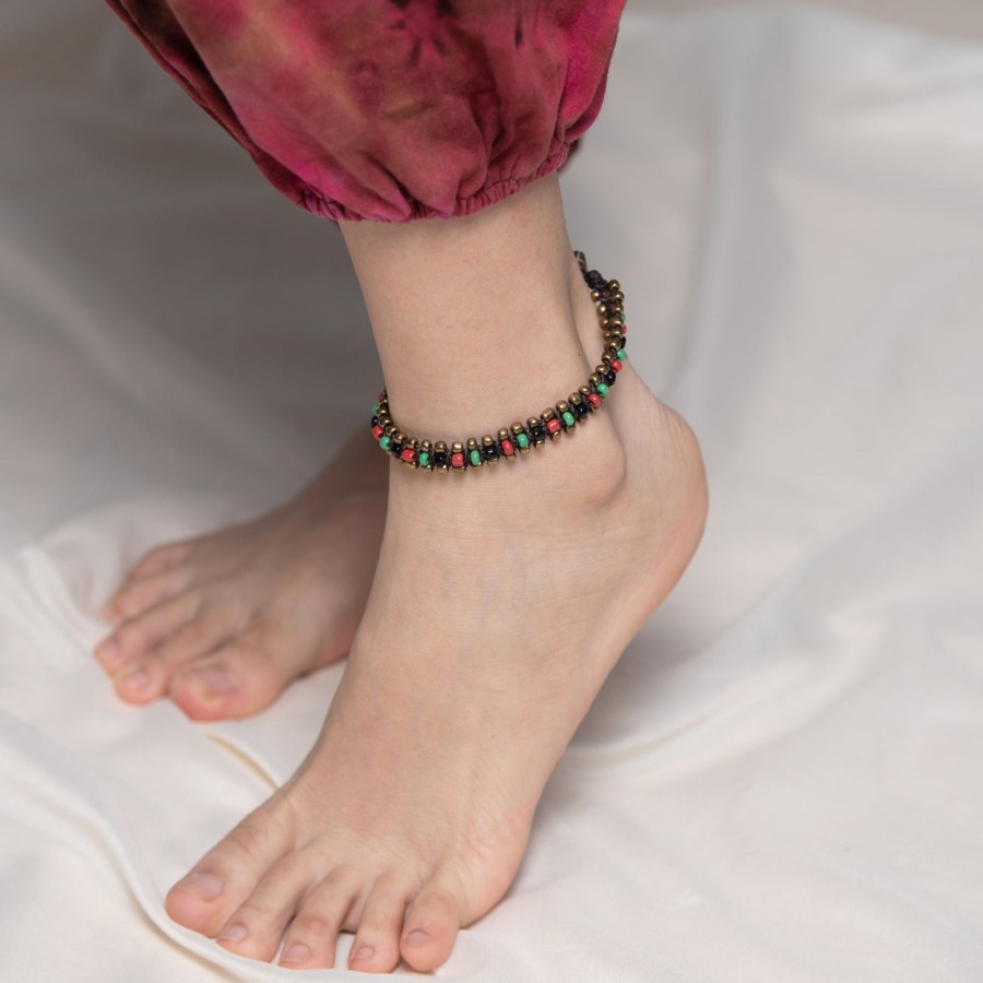 Accessories HaremPants | Hand Made Fair Trade Anklet Double Strand Brass Beads Multi Black Green Red