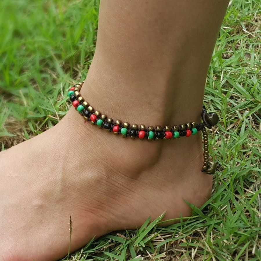 Accessories HaremPants | Hand Made Fair Trade Anklet Double Strand Brass Beads Multi Black Green Red