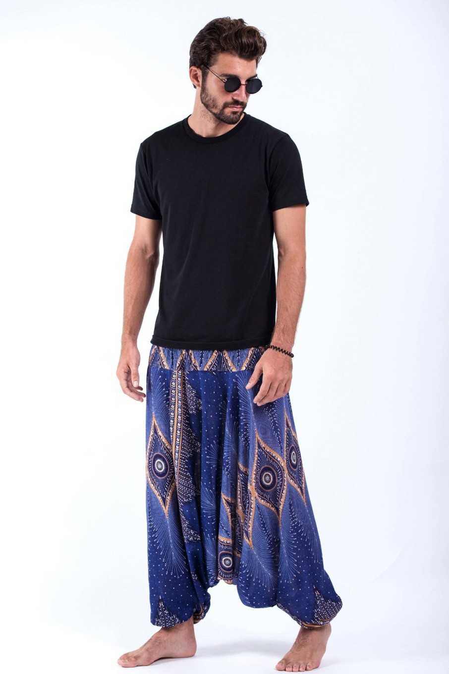 Men HaremPants | Diamond Peacock Drop Crotch Men'S Harem Pants In Blue