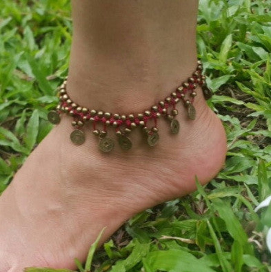 Accessories HaremPants | Hand Made Fair Trade Anklet Double Strand Brass Coins Red