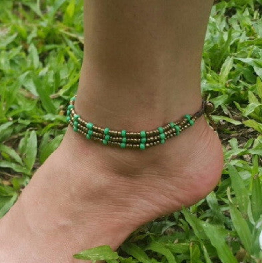 Accessories HaremPants | Hand Made Fair Trade Anklet Three Strand Brass Beads Green