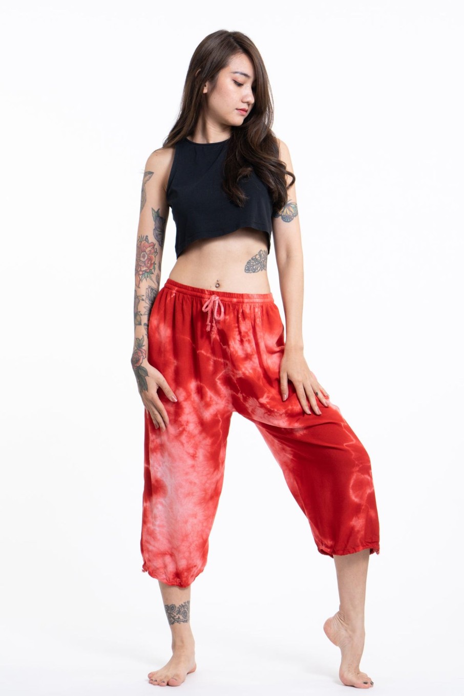 Women HaremPants | Women'S Tie Dye Drawstring Yoga Massage Cropped Pants In Red