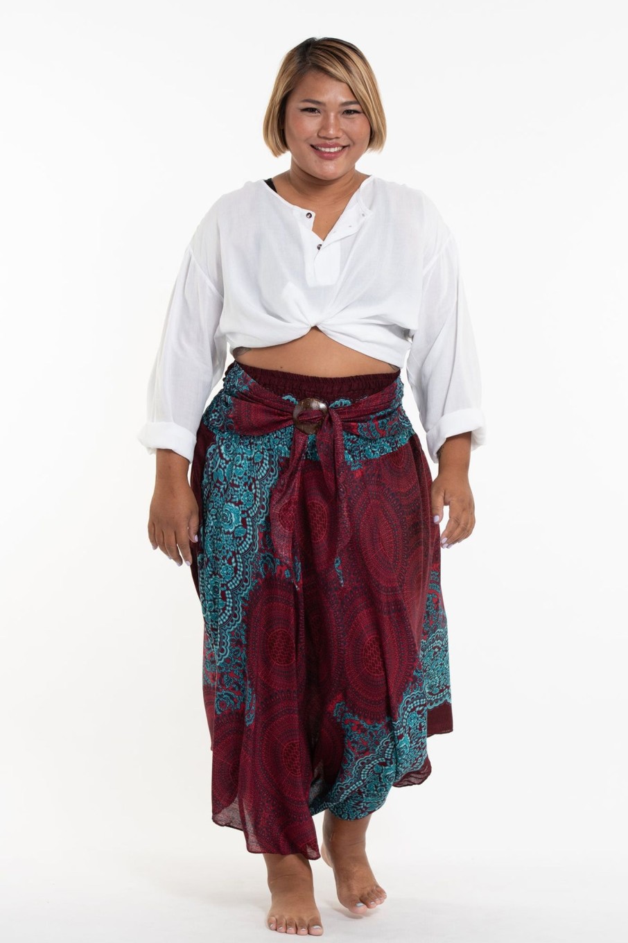 Plus Size HaremPants | Plus Size Geometric Mandalas Handkerchief Midi Skirt In Red