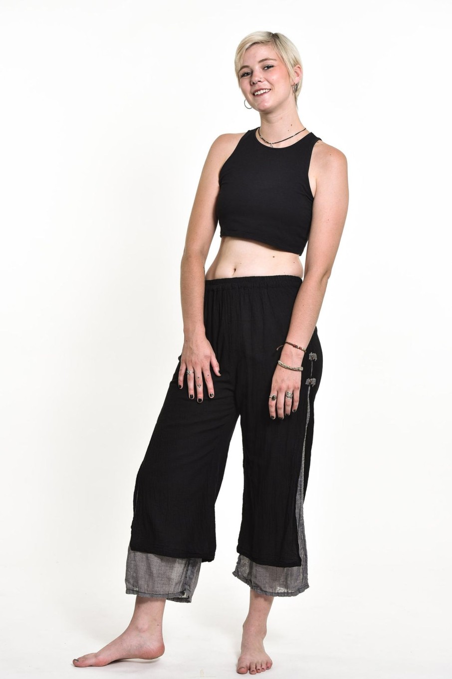 Women HaremPants | Women'S Cotton Double Layers Cropped Pants In Solid Black