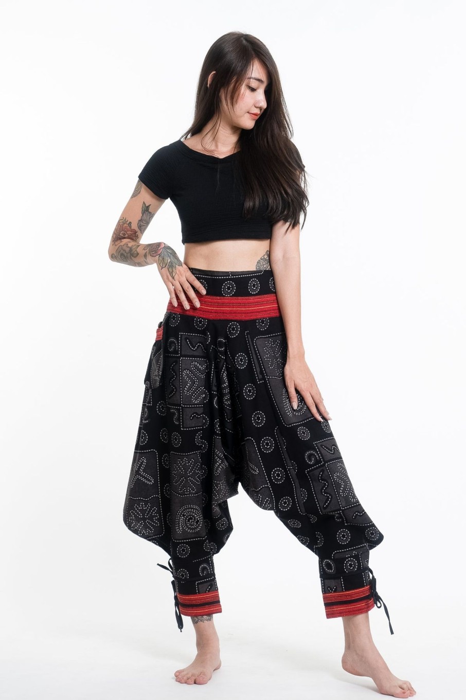 Women HaremPants | And Gray Thai Hill Tribe Fabric Women'S Harem Pants With Ankle Straps Black